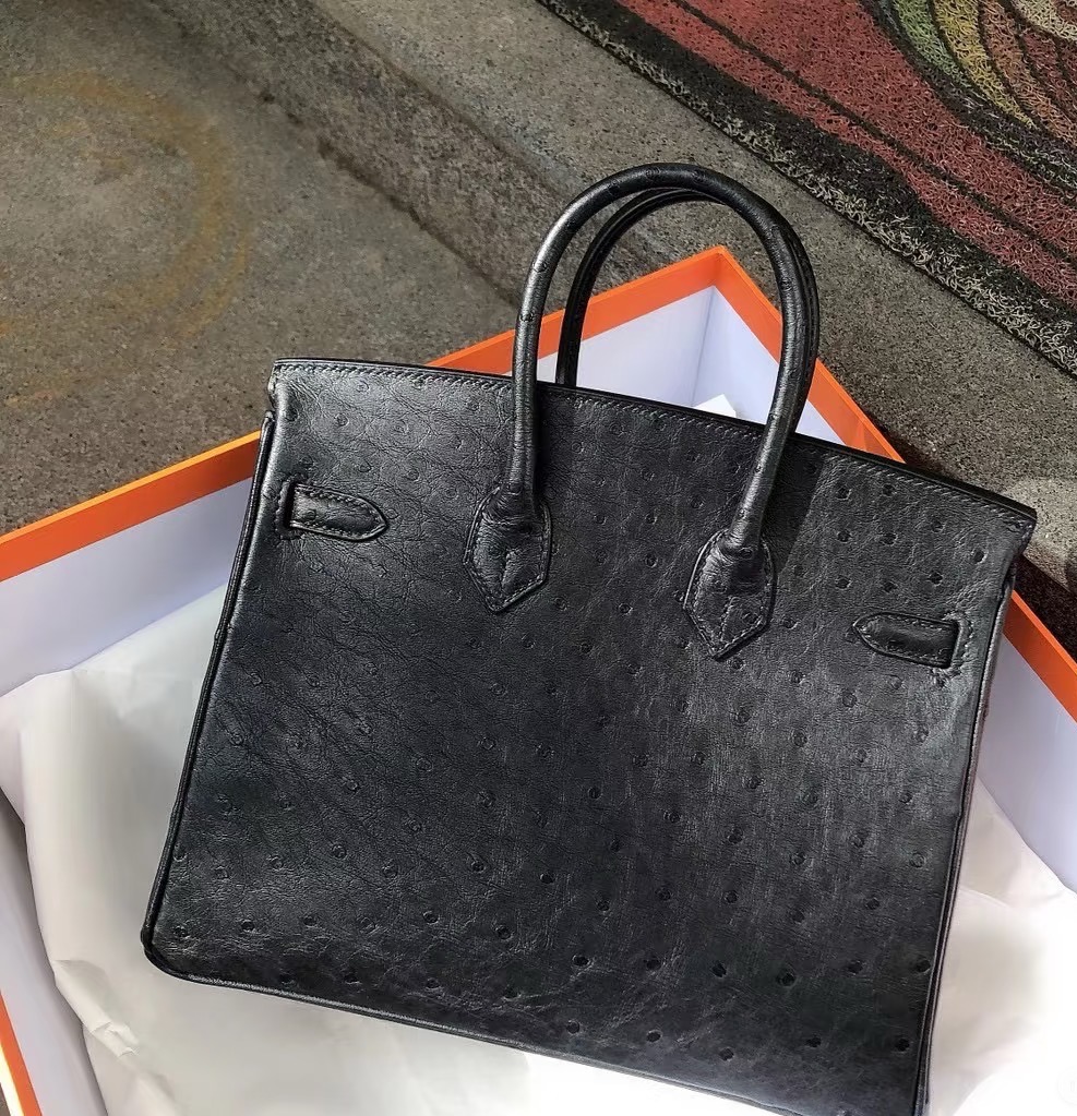 Birkin 25-35 Black Ostrich Leather with Black Buckle