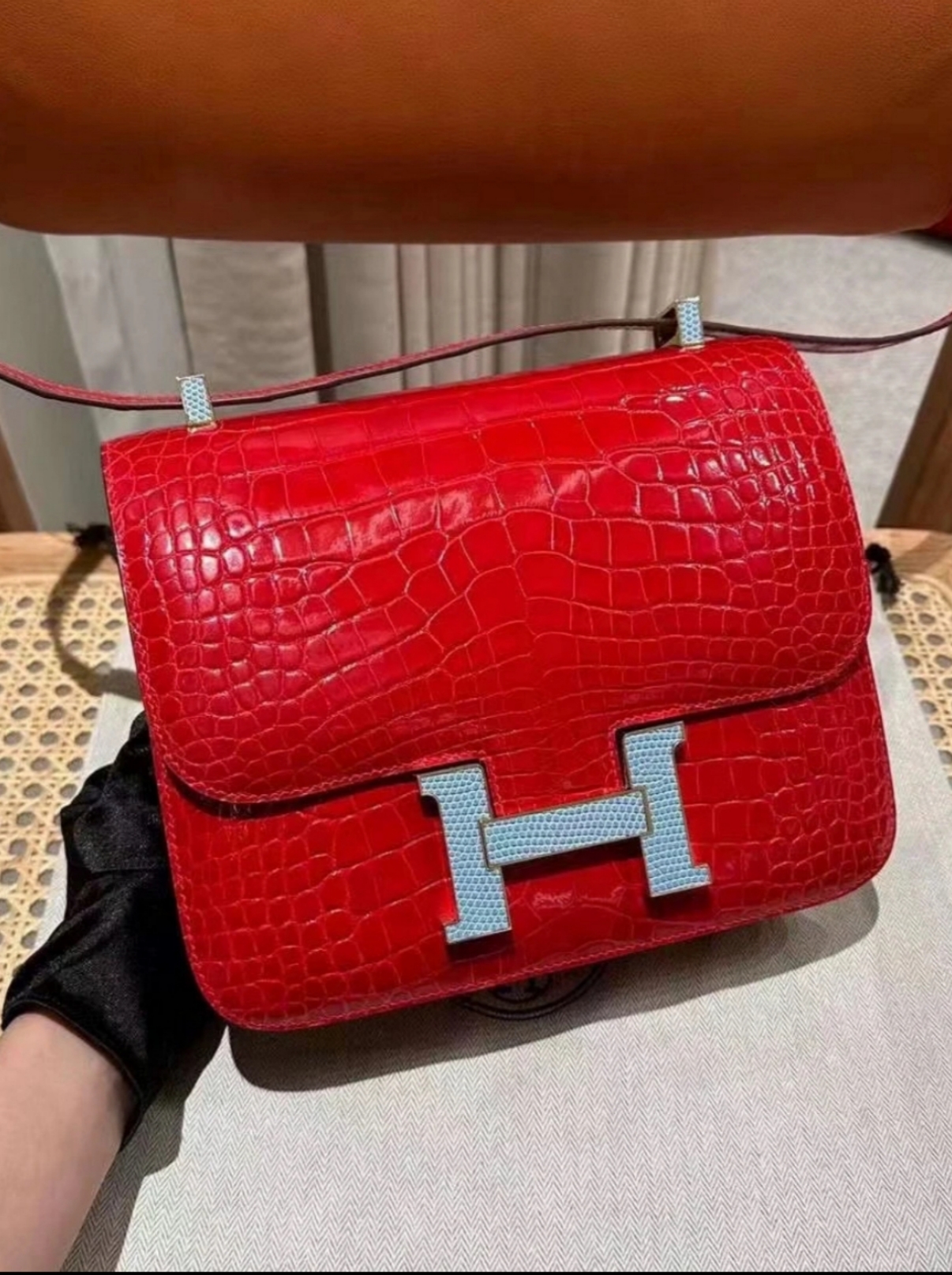 Constance 19 gold buckle Ferrari red American alligator leather pure handmade custom