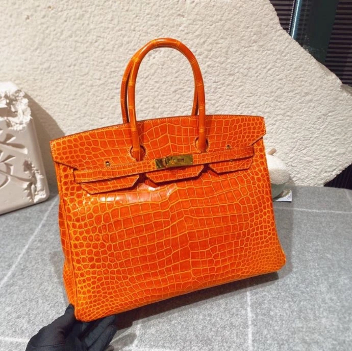 Birkin 25-35 orange glossy crocodile leather custom