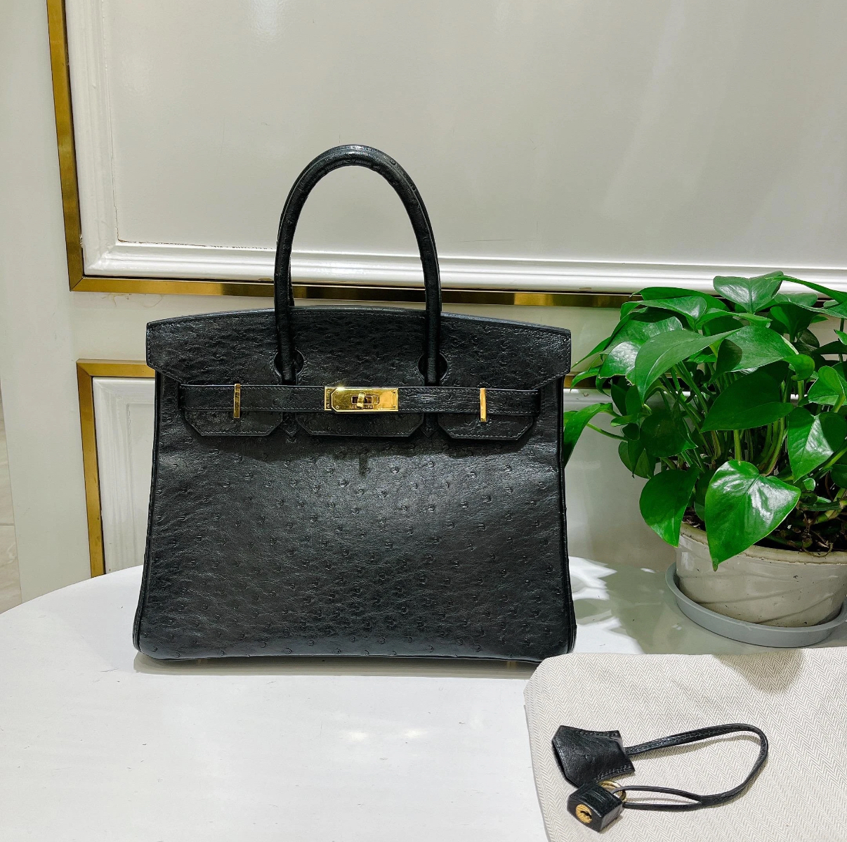 Birkin 25-35 Black Ostrich Leather with Gold Buckle
