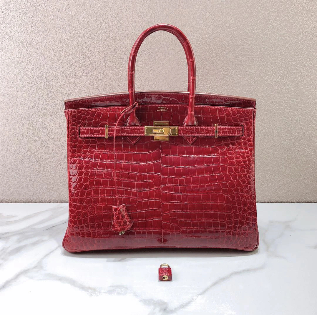 Birkin 35 inverted V red hand-made custom crocodile leather