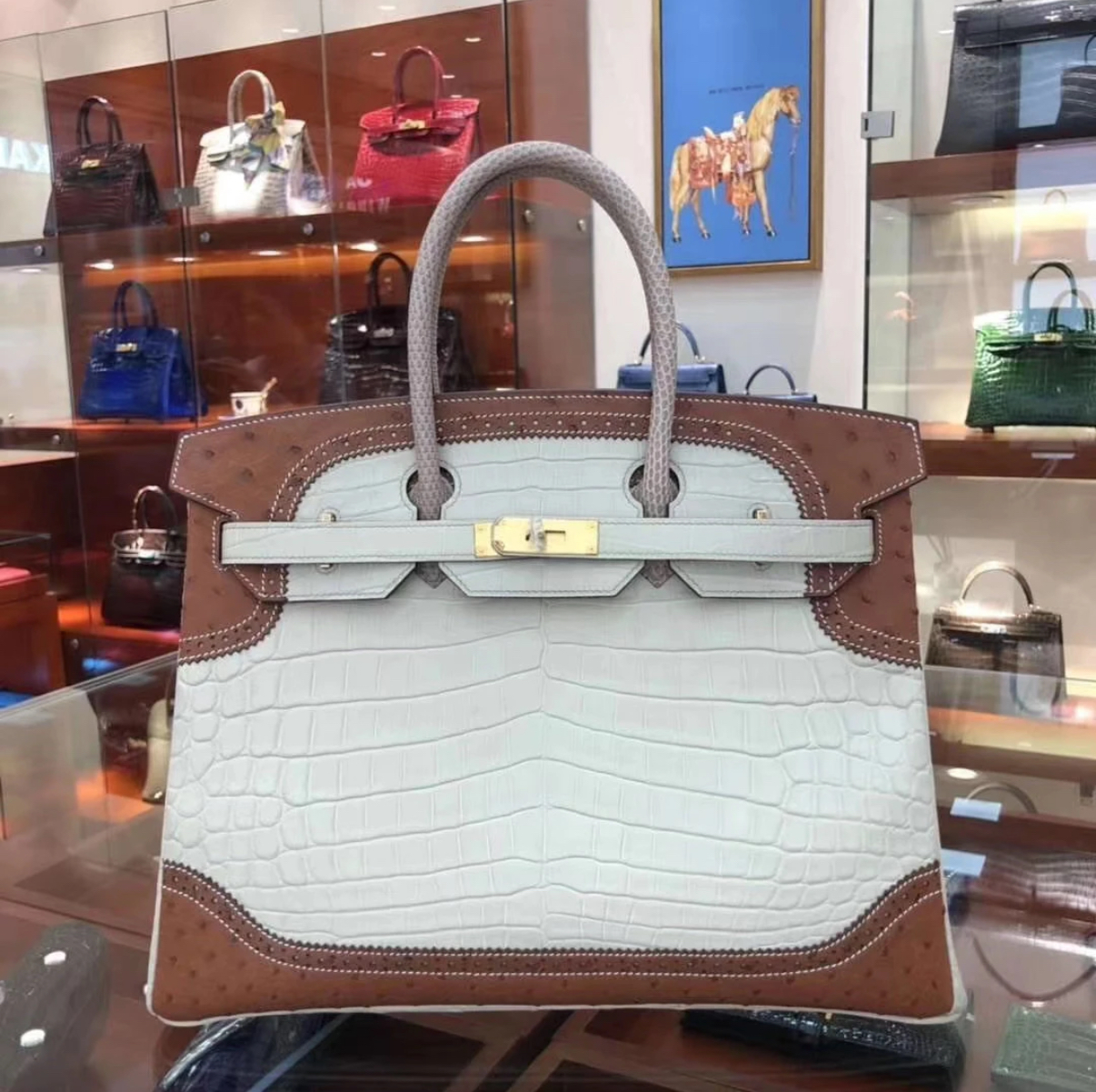 Birkin 25-35 crocodile and ostrich leather accents gold hardware custom