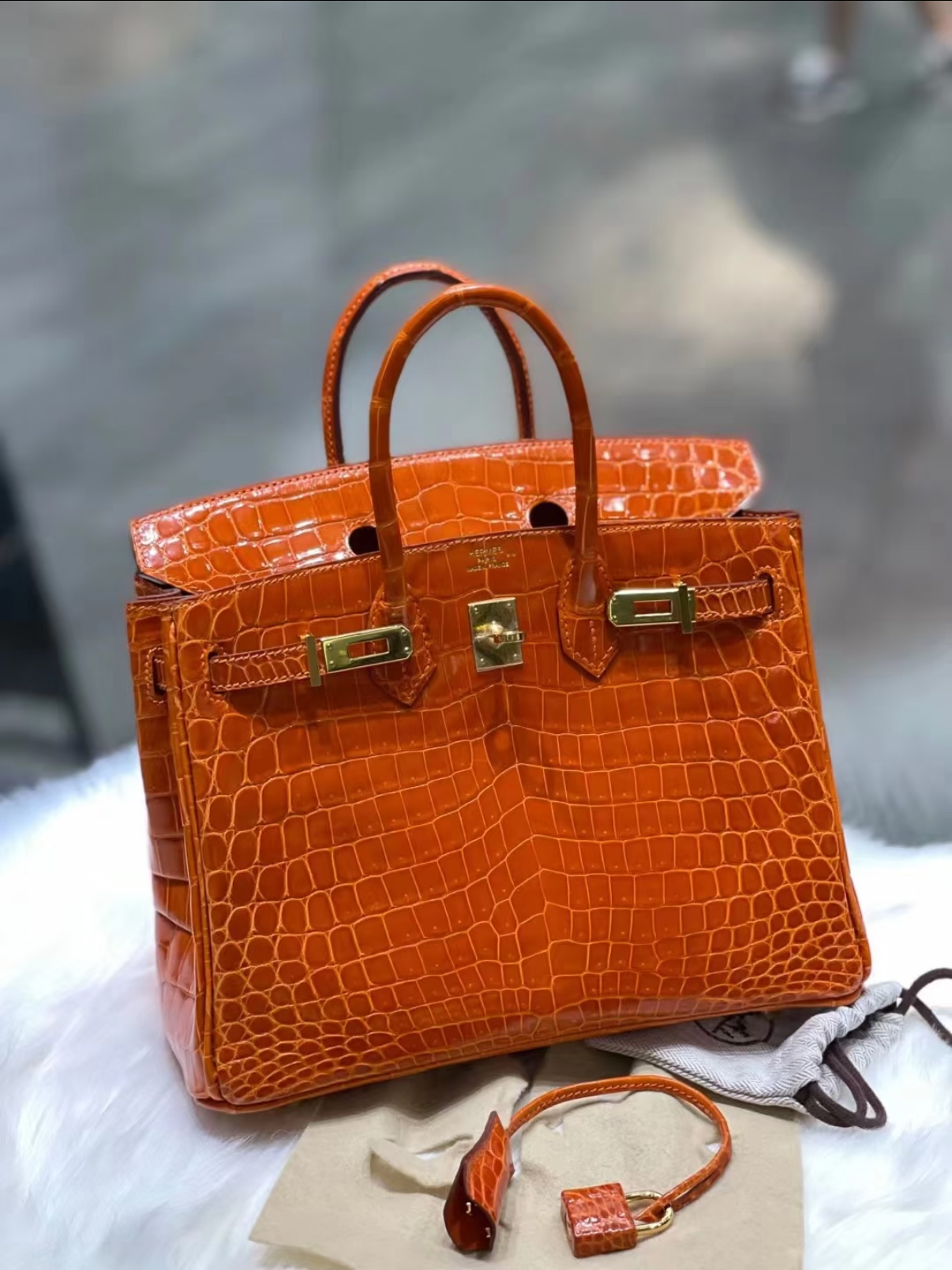 Birkin 25-35 orange glossy crocodile leather custom
