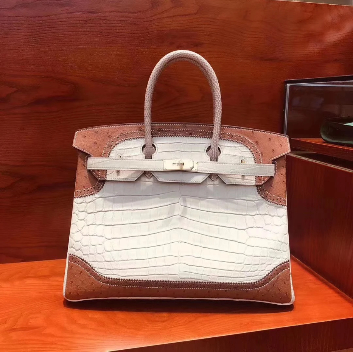 Birkin 25-35 crocodile and ostrich leather accents silver hardware custom