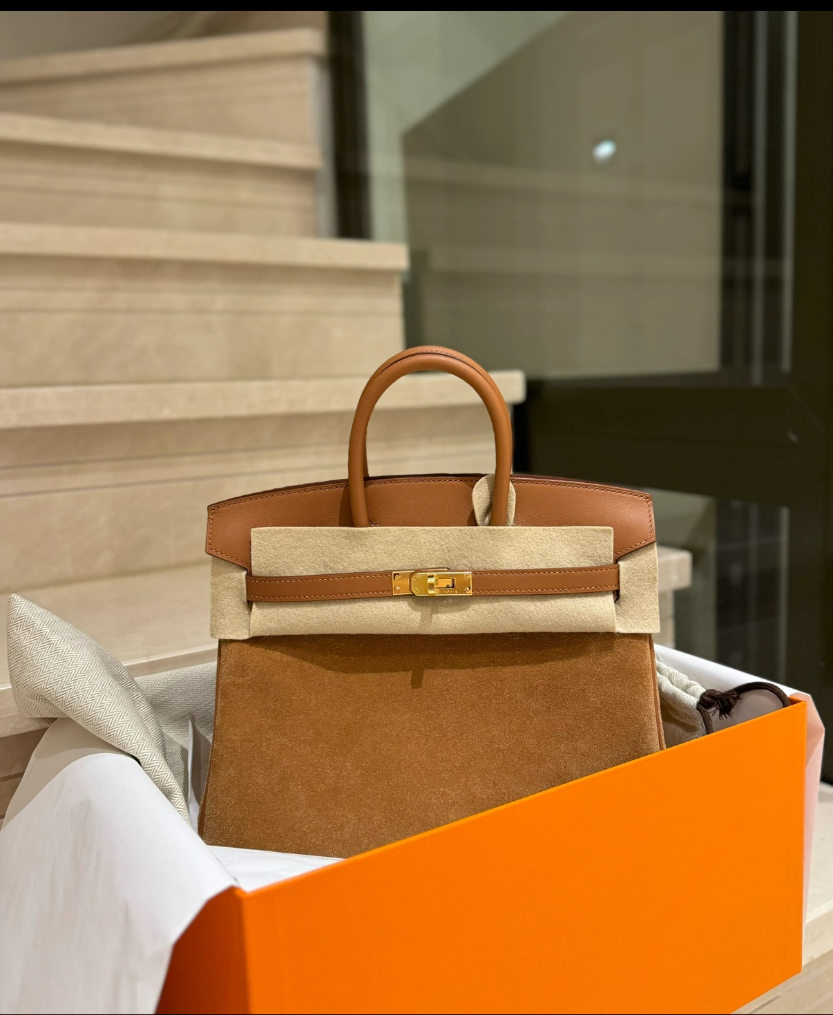 Birkin 25-35  brown suede leather custom