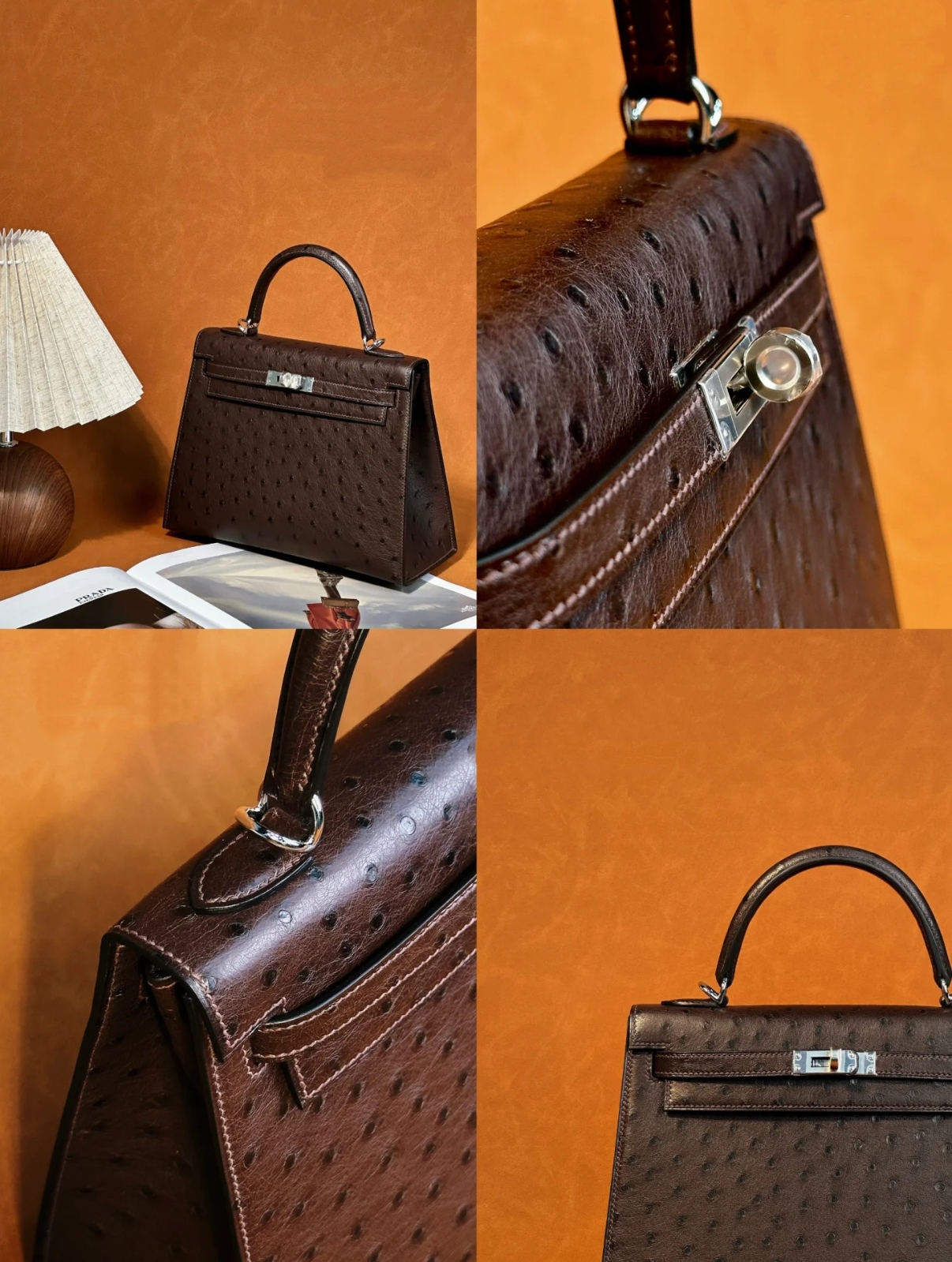 Kelly 28 Ostrich Leather Brown Silver Buckle Custom