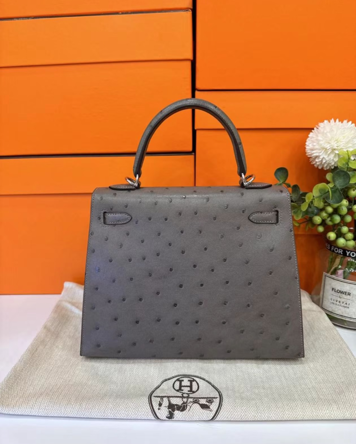 Kelly 25-28 Nimbus Grey Ostrich Leather