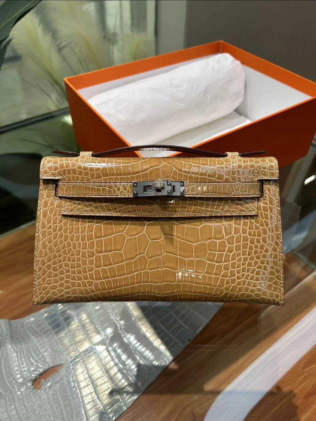 Kelly mini 1,ginger yellow glossy crocodile leather silver hardware custom