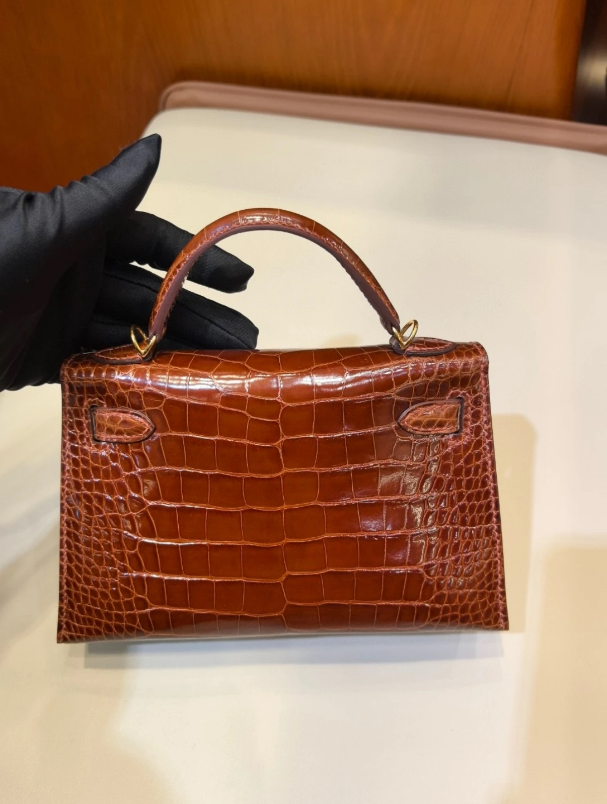 Kelly Mini Honey Brown Gold Buckle Crocodile Leather Custom