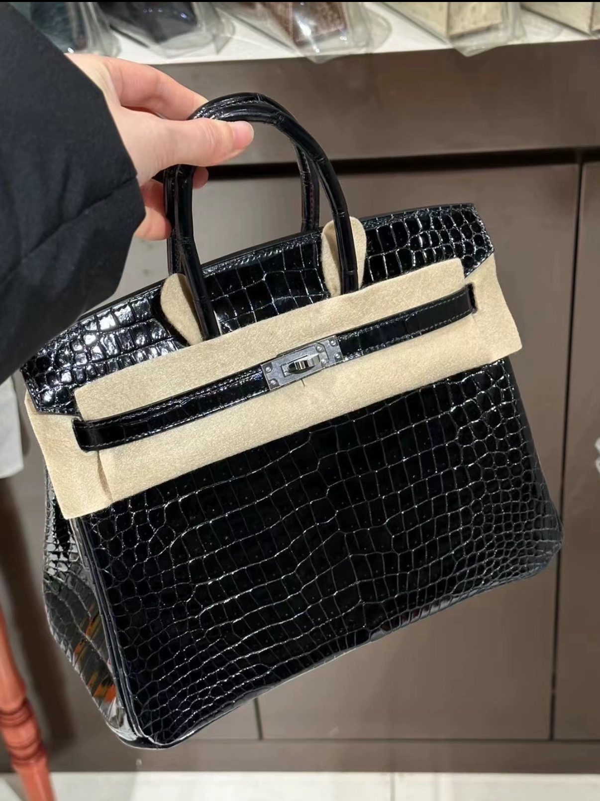 Kelly black, 32 glossy crocodile leather custom