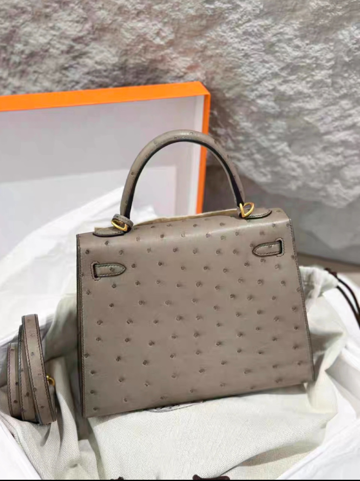 Kelly 25-28 Galaxy Grey gold buckle ostrich leather