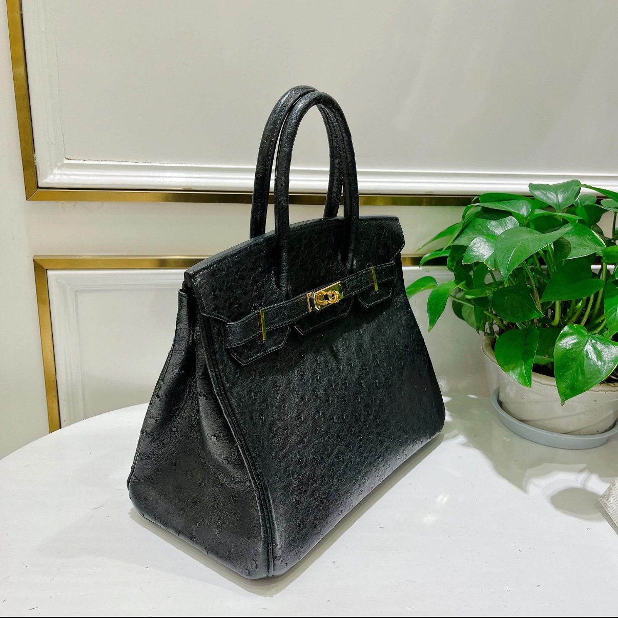 Birkin 25-35 Black Ostrich Leather with Gold Buckle