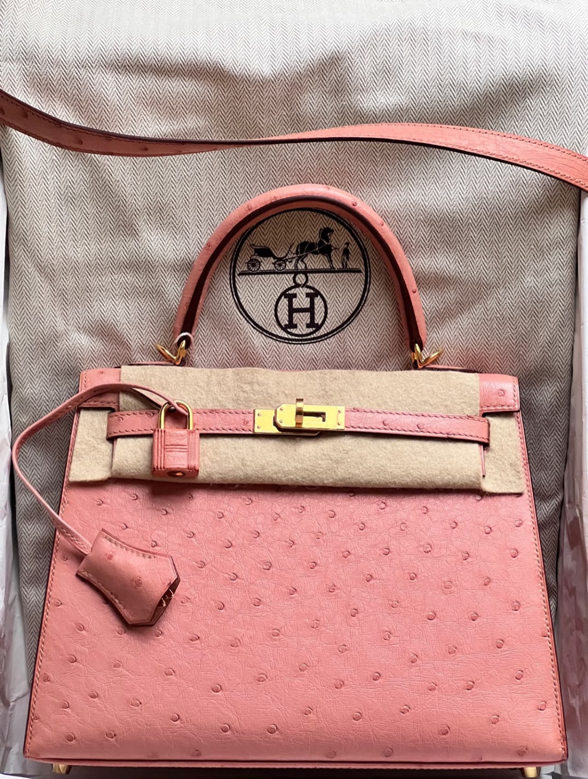 Kelly 25-28 Ceramic Pink Ostrich Leather Custom Gold buckle