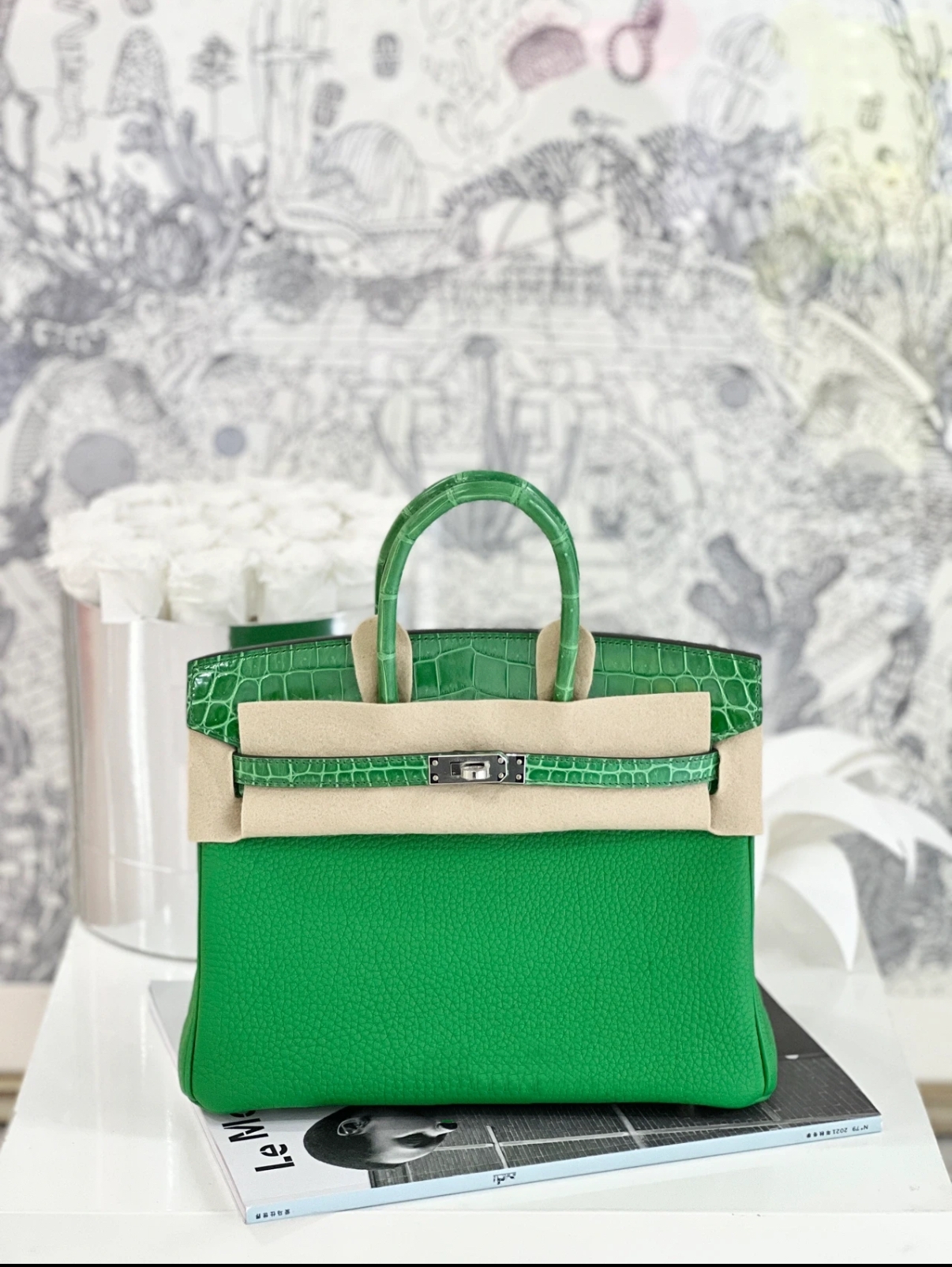 Birkin Bamboo Green TOGO Patchwork Crocodile Leather Custom