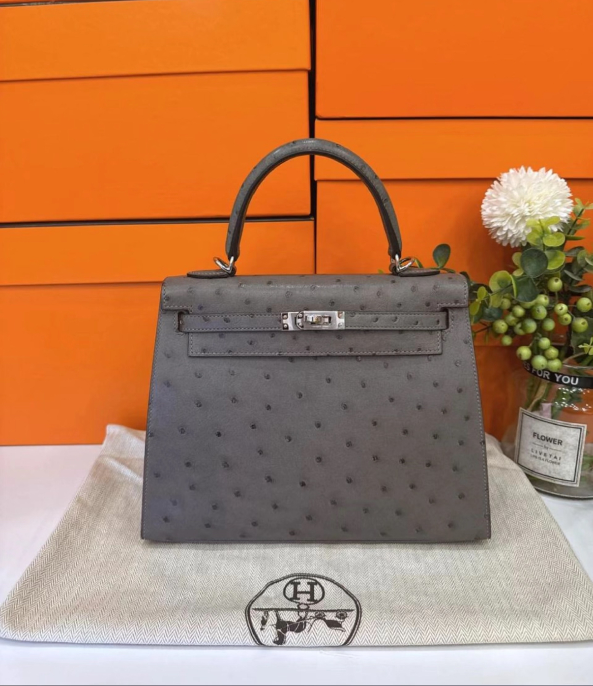 Kelly 25-28 Nimbus Grey Ostrich Leather