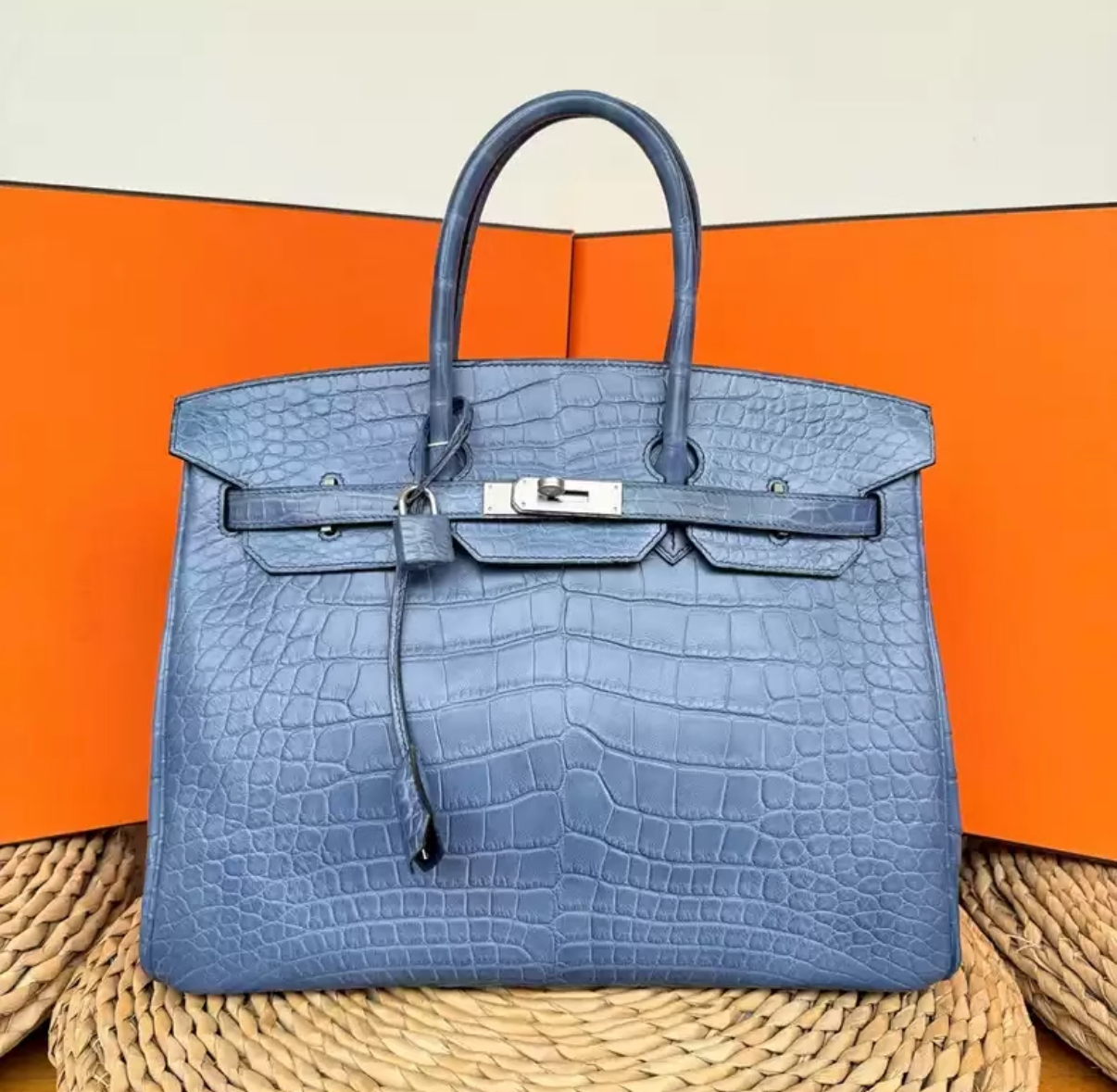 Birkin 25-30 matte blue crocodile leather