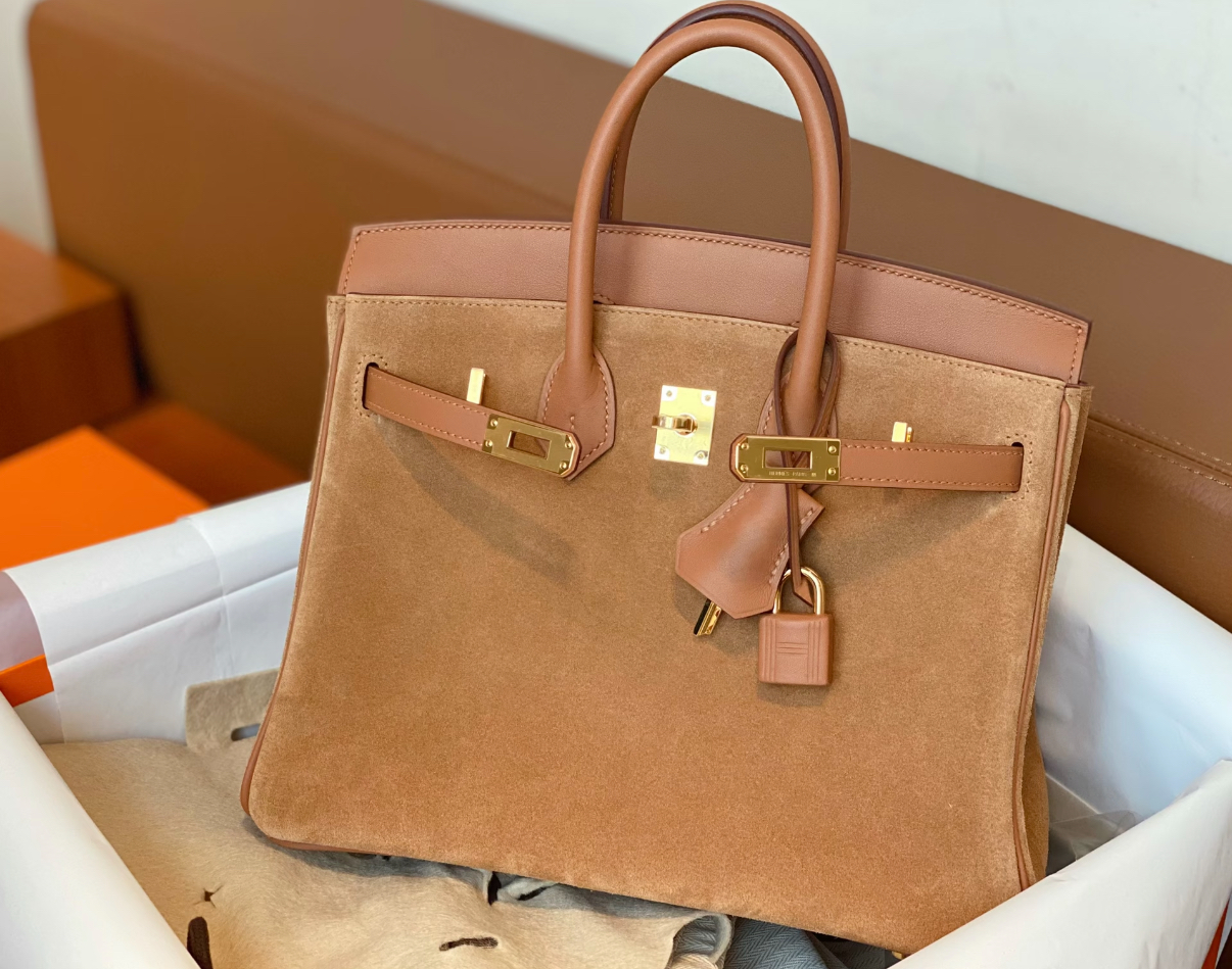 Birkin 25-35  brown suede leather custom