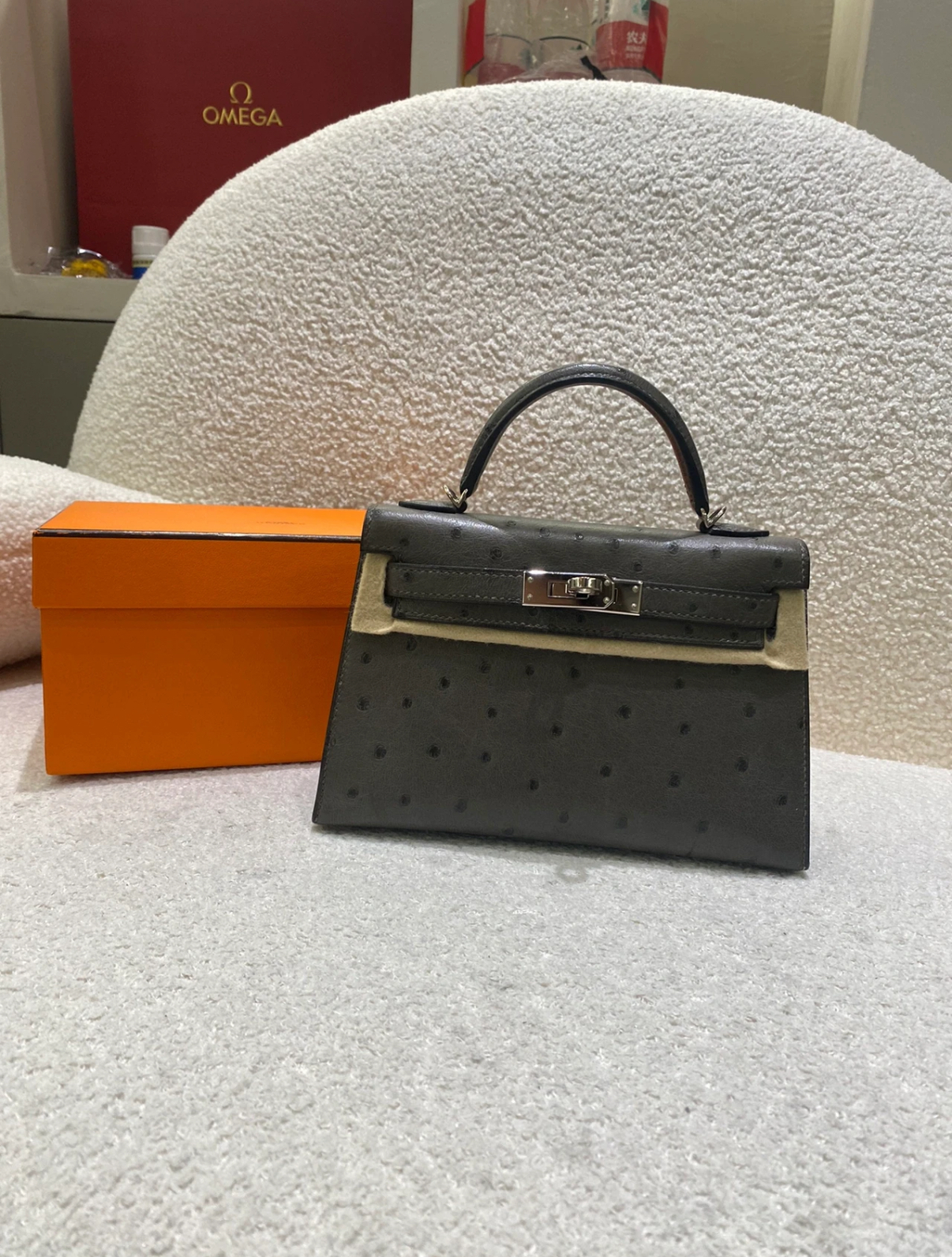 Kelly Mini 19 Pewter Grey Ostrich Leather Custom