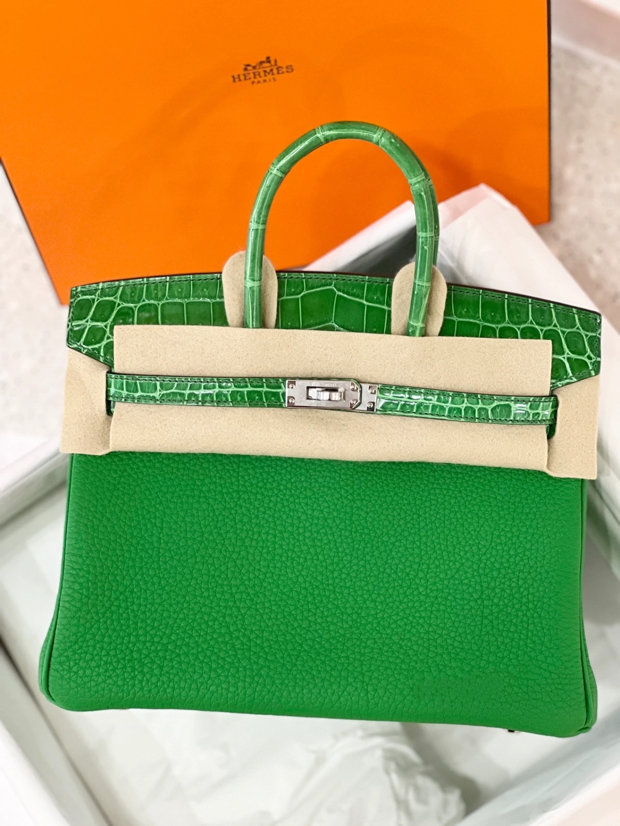 Birkin Bamboo Green TOGO Patchwork Crocodile Leather Custom