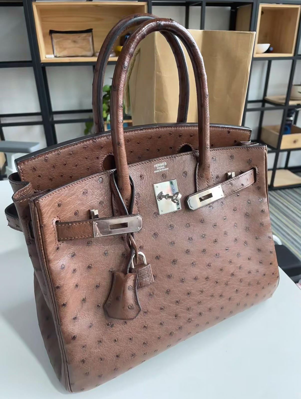Birkin 25-35 silver chocolate color custom Ostrich leather