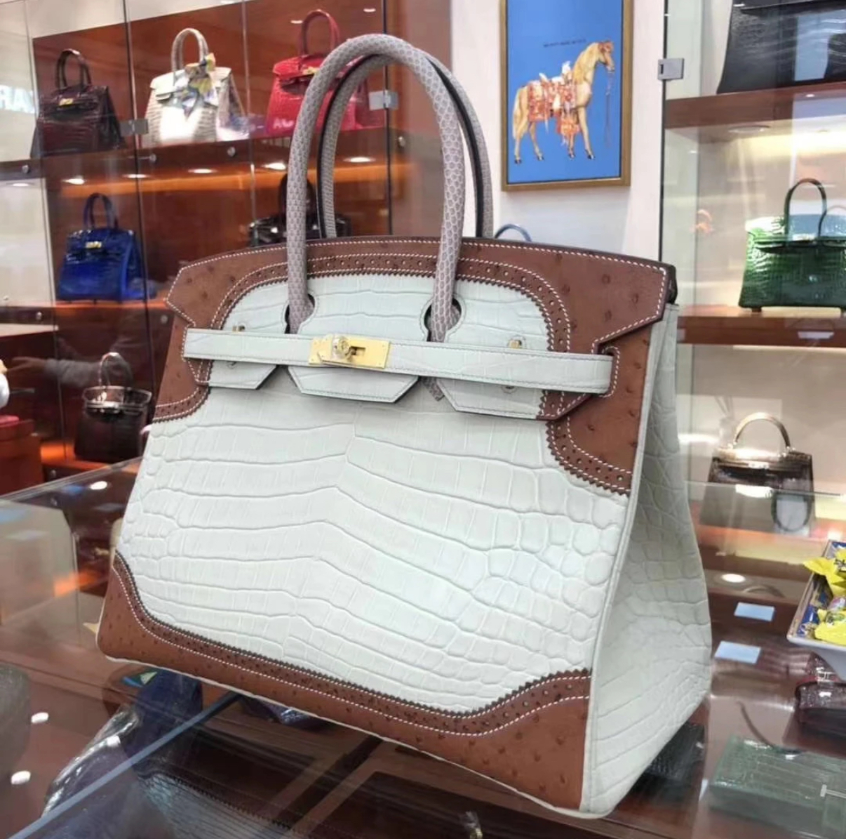 Birkin 25-35 crocodile and ostrich leather accents gold hardware custom