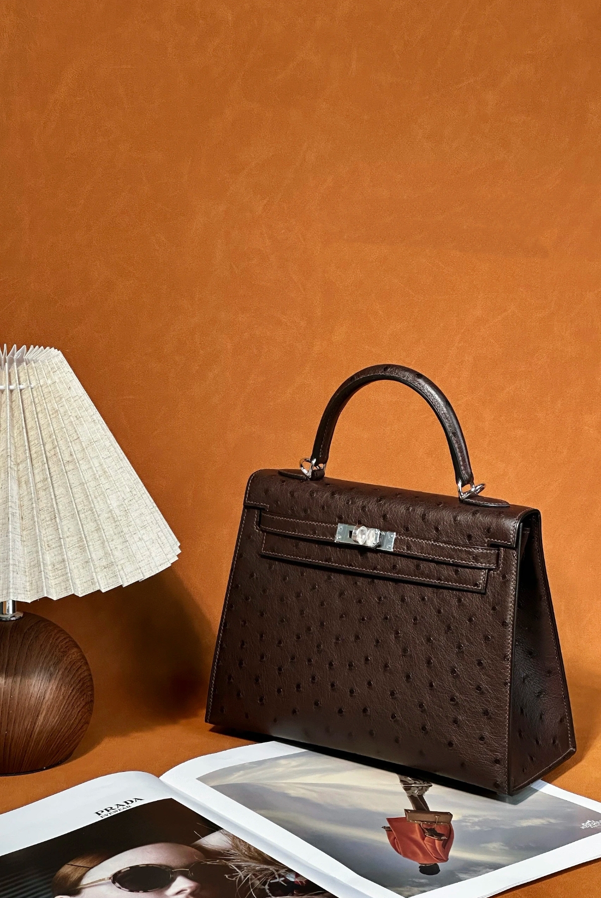 Kelly 28 Ostrich Leather Brown Silver Buckle Custom